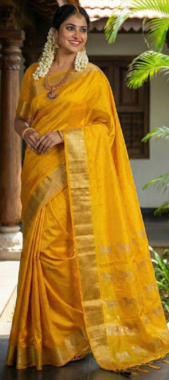 Gold color Saree in Silk fabric with Stone, Weaving work