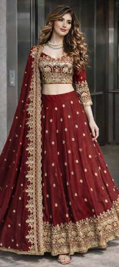 Red and Maroon color Ready to Wear Lehenga in Tissue fabric with Embroidered work