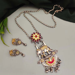 Silver Rodium Polish Red and Maroon color Necklace in Metal Alloy studded with Beads