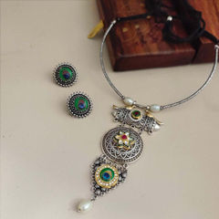 Silver Rodium Polish Blue color Necklace in Metal Alloy studded with Kundan