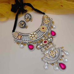 Silver Rodium Polish Pink and Majenta color Necklace in Metal Alloy studded with Beads, Pearl
