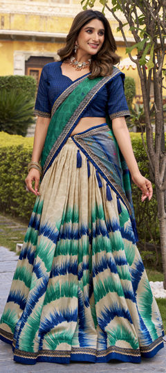 Multicolor color Lehenga in Tussar Silk fabric with Lace, Tye n Dye work