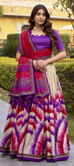 Multicolor color Lehenga in Tussar Silk fabric with Lace, Tye n Dye work
