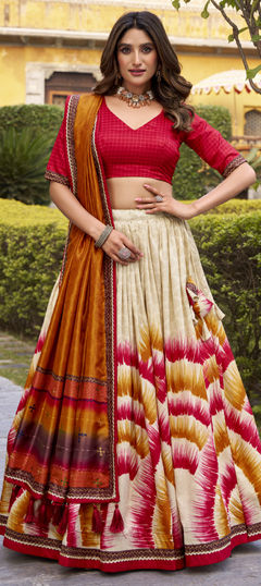 Multicolor color Lehenga in Tussar Silk fabric with Lace, Tye n Dye work