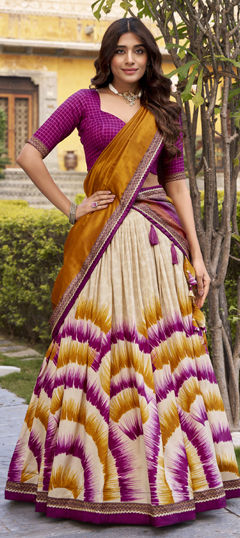 Multicolor color Lehenga in Tussar Silk fabric with Lace, Tye n Dye work