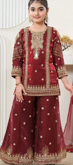 Red and Maroon color Kids Salwar in Silk fabric with Embroidered, Sequence work