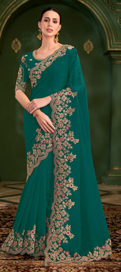 Blue color Saree in Georgette fabric with Embroidered, Sequence, Thread work