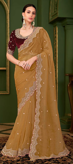 Beige and Brown color Saree in Georgette fabric with Embroidered, Sequence, Thread work