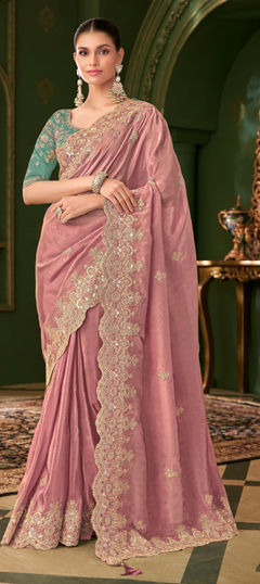 Pink and Majenta color Saree in Georgette fabric with Embroidered, Sequence, Thread work