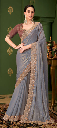 Black and Grey color Saree in Georgette fabric with Embroidered, Sequence, Thread work