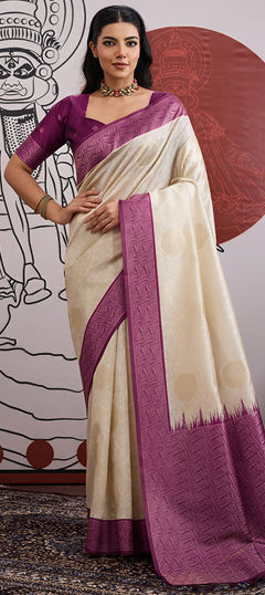Purple and Violet, White and Off White color Saree in Blended, Silk fabric with Weaving work
