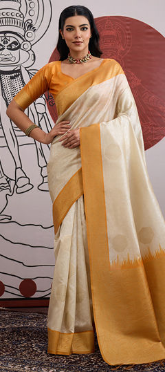 Orange, White and Off White color Saree in Blended, Silk fabric with Weaving work