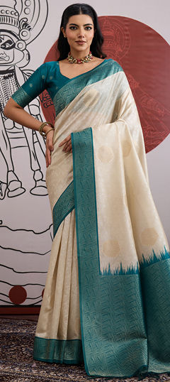 Blue, White and Off White color Saree in Blended, Silk fabric with Weaving work