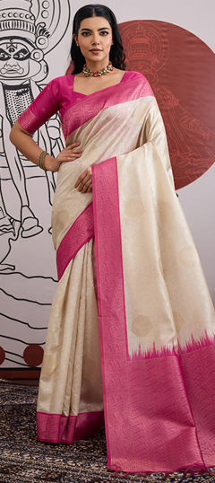Pink and Majenta, White and Off White color Saree in Blended, Silk fabric with Weaving work