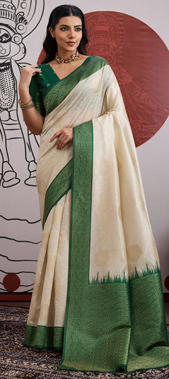 Green, White and Off White color Saree in Blended, Silk fabric with Weaving work