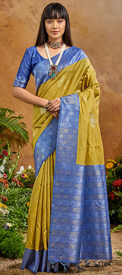 Blue, Yellow color Saree in Blended, Silk fabric with Weaving work