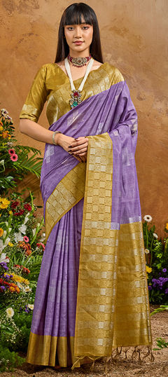 Purple and Violet, Yellow color Saree in Blended, Silk fabric with Weaving work
