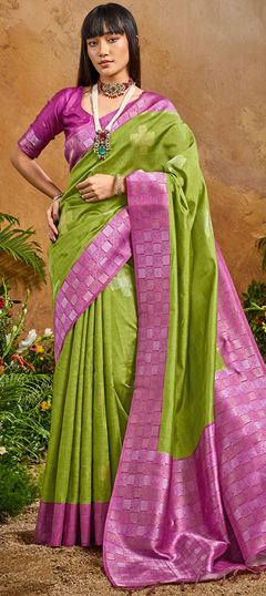 Green, Pink and Majenta color Saree in Blended, Silk fabric with Weaving work