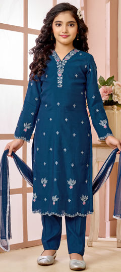 Blue color Kids Salwar in Art Silk fabric with Embroidered work