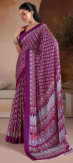 Purple and Violet color Saree in Satin Silk fabric with Floral, Printed work