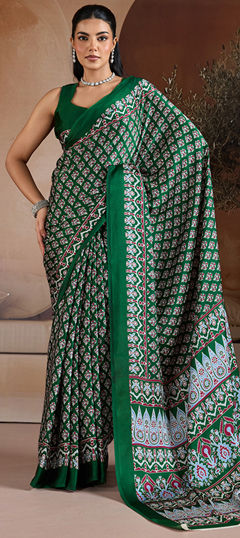 Green color Saree in Satin Silk fabric with Floral, Printed work