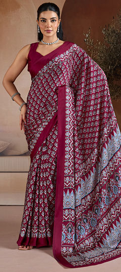 Red and Maroon color Saree in Satin Silk fabric with Floral, Printed work