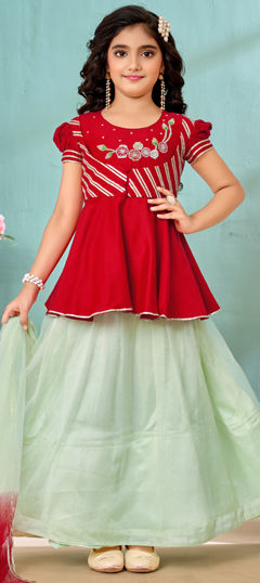 Red and Maroon color Kids Lehenga in Art Silk fabric with Embroidered work