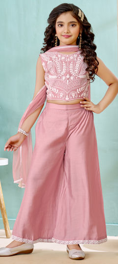 Pink and Majenta color Kids Salwar in Art Silk fabric with Embroidered work
