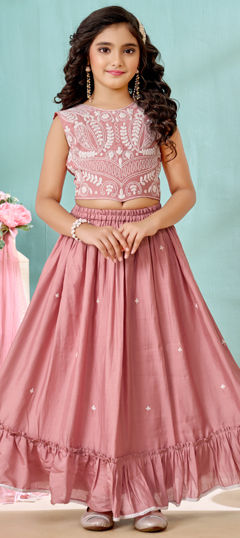 Pink and Majenta color Kids Lehenga in Art Silk fabric with Embroidered work