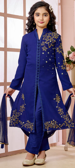 Blue color Kids Salwar in Faux Georgette fabric with Embroidered work