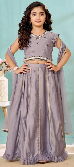 Black and Grey color Kids Lehenga in Art Silk fabric with Embroidered work