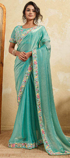 Blue color Saree in Chiffon, Tissue fabric with Bugle Beads, Sequence, Thread work