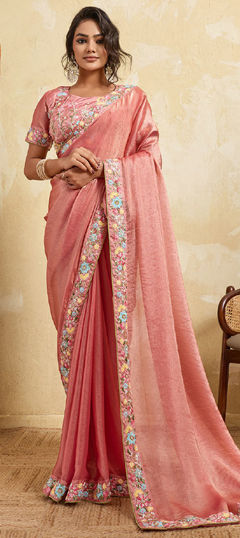 Pink and Majenta color Saree in Chiffon, Tissue fabric with Bugle Beads, Sequence, Thread work