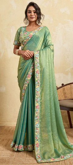 Green color Saree in Chiffon, Tissue fabric with Bugle Beads, Sequence, Thread work
