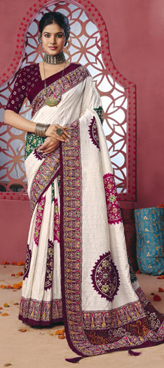White and Off White color Saree in Silk fabric with Printed work