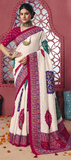 White and Off White color Saree in Silk fabric with Printed work