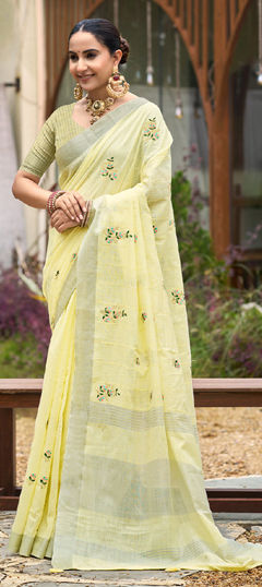Yellow color Saree in Linen fabric with Embroidered, Weaving work