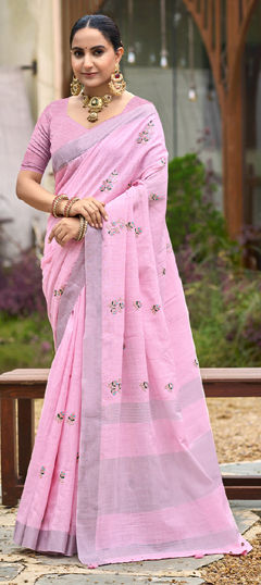 Pink and Majenta color Saree in Linen fabric with Embroidered, Weaving work