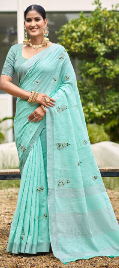 Blue color Saree in Linen fabric with Embroidered, Weaving work