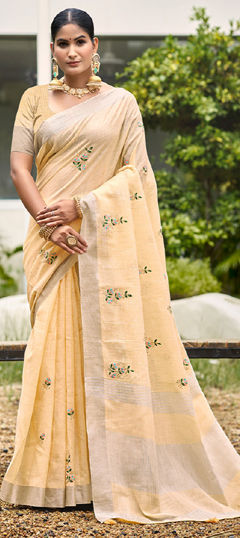Pink and Majenta color Saree in Linen fabric with Embroidered, Weaving work