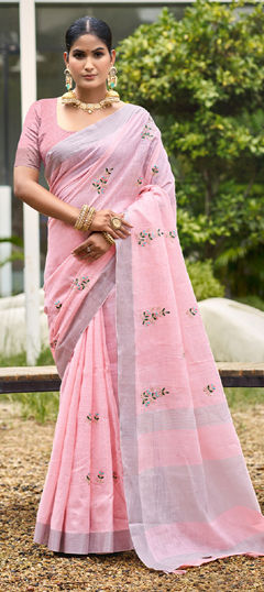 Pink and Majenta color Saree in Linen fabric with Embroidered, Weaving work
