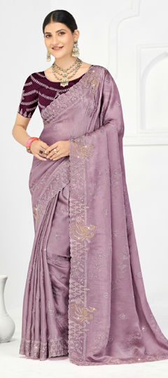 Pink and Majenta color Saree in Silk fabric with Embroidered, Thread, Zari work