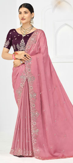 Pink and Majenta color Saree in Silk fabric with Embroidered, Thread, Zari work