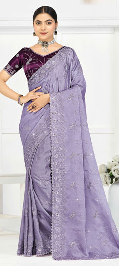 Purple and Violet color Saree in Silk fabric with Embroidered, Thread, Zari work