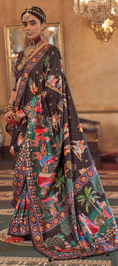 Black and Grey color Saree in Silk fabric with Printed work