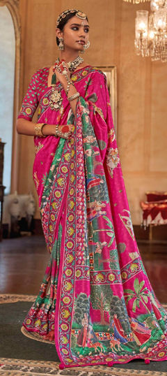 Pink and Majenta color Saree in Silk fabric with Printed work
