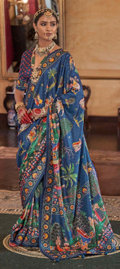 Blue color Saree in Silk fabric with Printed work