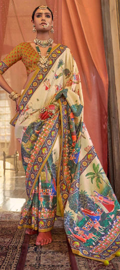 Beige and Brown color Saree in Silk fabric with Printed work