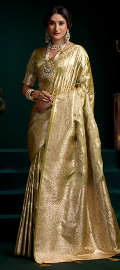 Gold color Saree in Satin Silk fabric with Weaving work