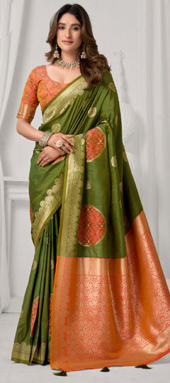 Green color Saree in Silk fabric with Weaving work